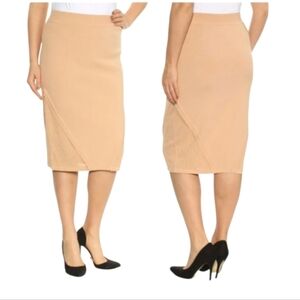 Rachel Roy Bodycon Mini Midi Pencil Skirt with Pointelle Ruffle Tan Size Small